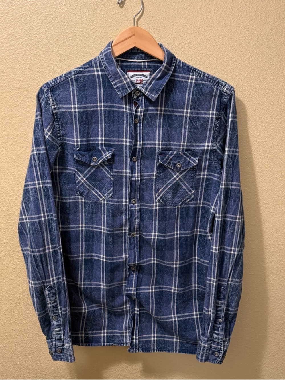 Men’s Medium Thread & Cloth Blue White Plaid Long Sleeve Casual Button Up Shirt